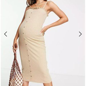 ASOS DESIGN Maternity midi button through ribbed dress with frill hem in Sand 10